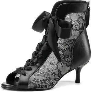 Women’s White Lace Mesh Booties Open Toe Lace Up Ankle Boots Kitten Heel